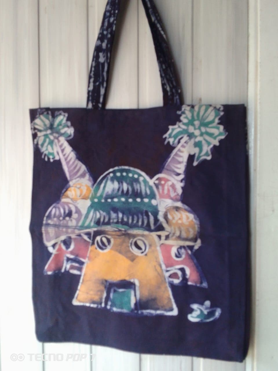 Batik tote bag with local huts and palm tree print – Dark Blue Batik Tote Bag with Local Huts and Palm Tree Print