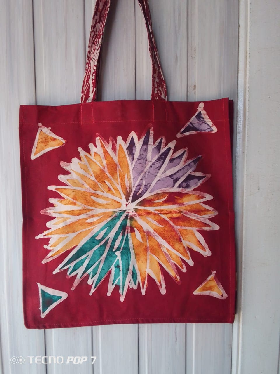 Tote bag with huge multicolored flower pattern – Red tote bag with orange purple and green flower pattern