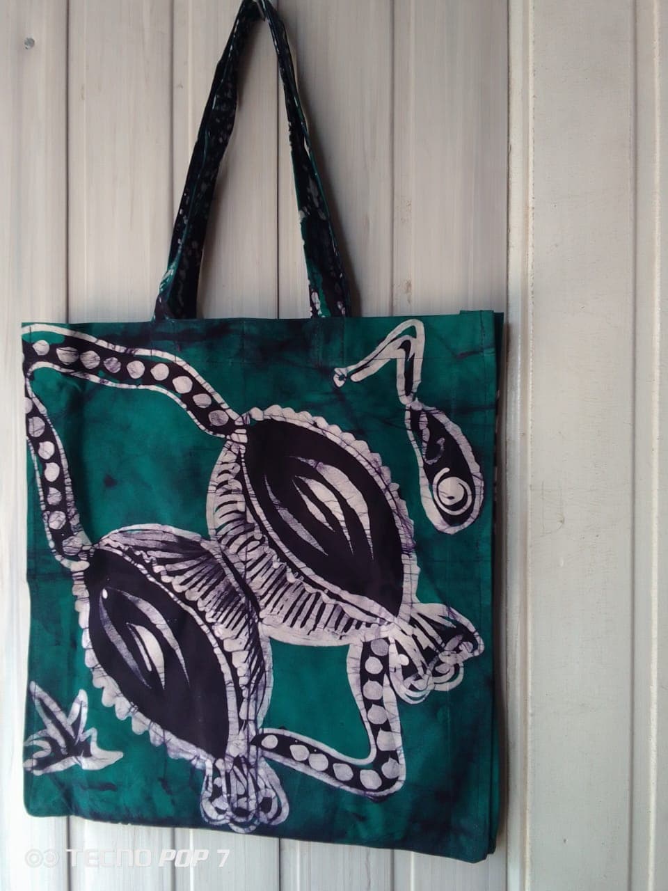 Tote bag with local instrument pattern – Dark green tote bag with dark blue local instrument print
